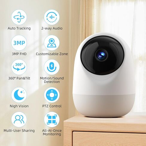 2K 360°Pan-Tilt Indoor Security Camera with 5/2.4Ghz WiFi, Motion/Sound Detection & Auto Tracking for Home, Pet, Baby Monitoring, 2-Way Audio, Night Vision, Siren in Saudi Arabia