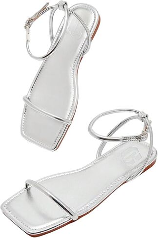 GORGLITTER Women's Summer Beach Flat Gold Strappy Dressy Sandals 2025 Square Open Toe Ankle Strap Slides in Saudi Arabia