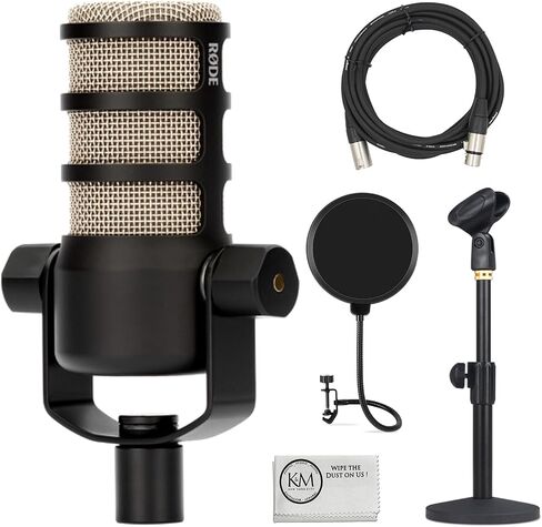 ركب podmic microphone ديناميكية بودكاست | حزمة سوداء مع مرشح البوب ​​+ حامل ميكروفون سطح المكتب + كابل XLR + قطعة قماش التنظيف (5 عنصر) in Kuwait