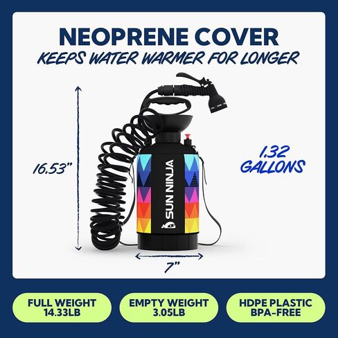 SUN NINJA Portable Shower 5L, Camping Shower with 7 Mode Shower Head, Neoprene Cover Helps Keep Water Warm, High Pressure Hose, Easy to Carry, Multi-Color in Saudi Arabia