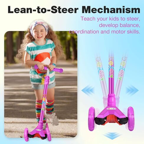 BELEEV Scooters for Kids 3 Wheel Kick Scooter for Toddlers Girls Boys, 4 Adjustable Height, Lean to Steer, Light up Wheels, Extra-Wide Deck, Easy to Assemble for Children Ages 3-12 in Saudi Arabia