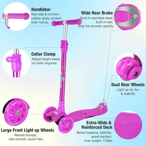 BELEEV Scooters for Kids 3 Wheel Kick Scooter for Toddlers Girls Boys, 4 Adjustable Height, Lean to Steer, Light up Wheels, Extra-Wide Deck, Easy to Assemble for Children Ages 3-12 in Saudi Arabia