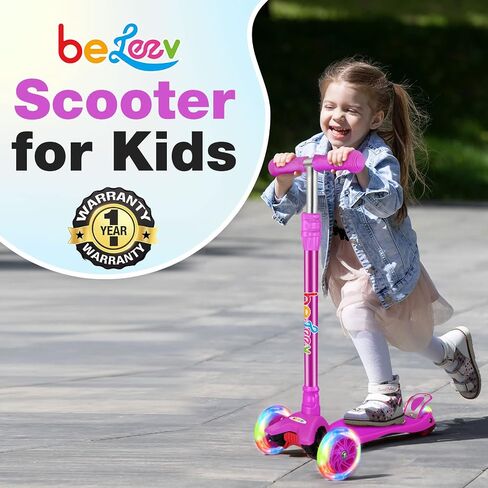 BELEEV Scooters for Kids 3 Wheel Kick Scooter for Toddlers Girls Boys, 4 Adjustable Height, Lean to Steer, Light up Wheels, Extra-Wide Deck, Easy to Assemble for Children Ages 3-12 in Saudi Arabia