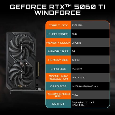 GIGABYTE GeForce RTX 5060 Ti WINDFORCE OC 8G Graphics Card, 8GB 128-bit GDDR7, PCIe 5.0, WINDFORCE Cooling System, GV-N506TWF2OC-8GD Video Card in Kuwait