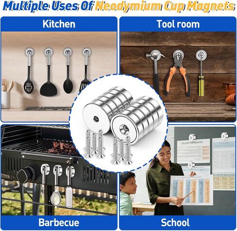 Grtard 8 Pack Neodymium Cup Magnets, 60LBS Holding Force Strong Rare Earth Magnets with Heavy Duty Countersunk Hole and Stainless Screws for Refrigerator, Tool Room, Science, Craft, Office and Garage in Saudi Arabia