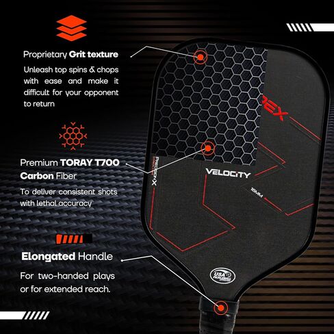 Velocity Carbon Fiber Pickleball Paddle T700, USAPA Approved, Anti-Slip Elongated Handle, High Grit and Spin Pickleball Racket in Saudi Arabia
