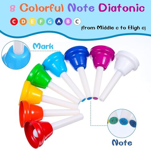 8 Notes Hand Bells, Musical Hand Bell Set with Colorful Design, 8 Pack Colorful Handbells, Durable Iron Bells for Kids Adults, School, Church Choir (4.3 Inch) in Saudi Arabia