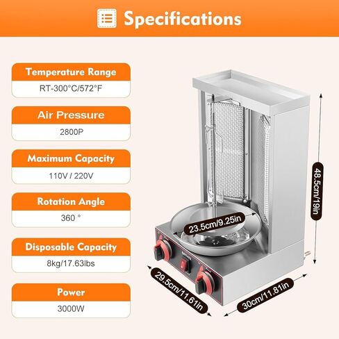 Vertical Shawarma Machine, Propane Gas Gyro Grill & Doner Kebab Rotisserie, 2-Burner Stainless Steel Broiler for Restaurant, Home Kitchen & Commercial Use, 220V in Kuwait