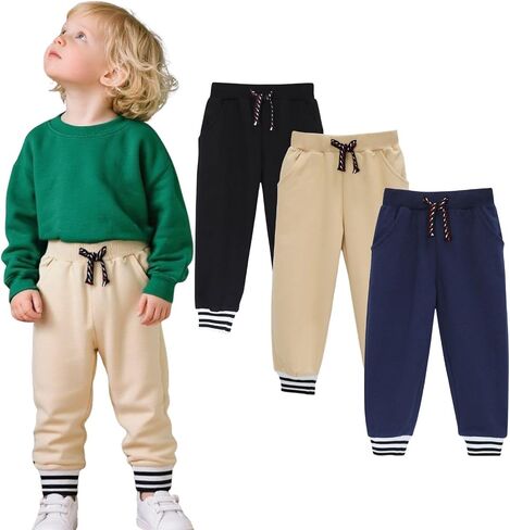 Hileelang Toddler Boys Cotton Cotton Jogger Sweatpants 3 Pack ، و Soft Adjud Adjust مرنة الخصر مع جيوب ، وأحجام من 12 م-7T in Kuwait