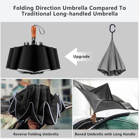 Lejorain Golf Large Inverted Umbrella - Black Big Windproof Heavy Duty Upside Down 46/50/54 Inch Compact Reverse Car Automatic Folding Reflective Umbrella in Kuwait