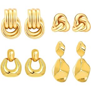 4 Pairs 14K Gold Plated Dangle Earrings for Women Knot Teardrop Chunky Gold Statement Drop Earrings for Women Trendy Jewelry Gifts in Kuwait