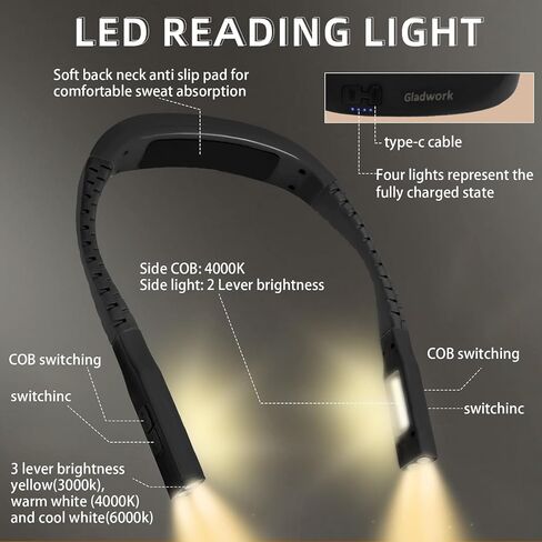 Book Lights for Reading at Night LED Neck Light Bed Reading lamp Portable Rechargeable 3 Modes 4 Light Sources 80 Hrs Runtime Perfect for Crochet Knitting Cross Stitch,Book Lovers Gift in Saudi Arabia