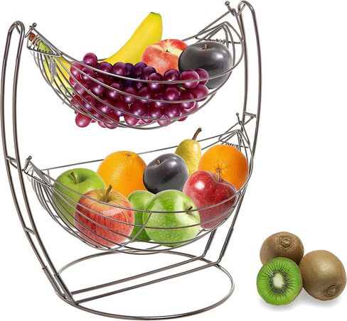 MyGift® Gunmetal Gray Metal Double Hammock Fruit Basket, 2-Tier Vegetables Produce Storage Rack Display Stand in Saudi Arabia