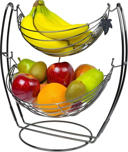 MyGift® Gunmetal Gray Metal Double Hammock Fruit Basket, 2-Tier Vegetables Produce Storage Rack Display Stand in Saudi Arabia
