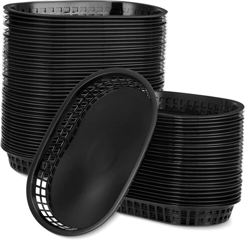 200 Fast Food Baskets 10.5 x 7 Inch Restaurant Tray Black Plastic Serving Baskets for Deli Serving, Chicken, Burgers, Picnics, Parties in Kuwait