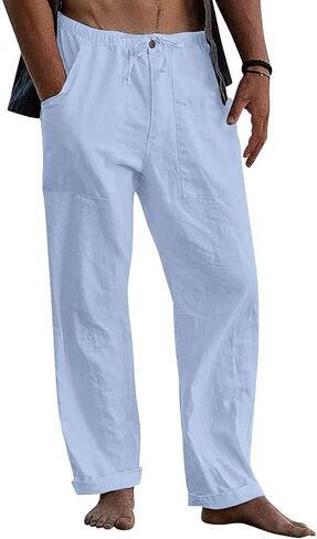 Men's Linen Pants Casual Lightweight Cotton Beach Pants Drawstrintg Elastic Waist Summer Resort Wear Travel Pants in Kuwait