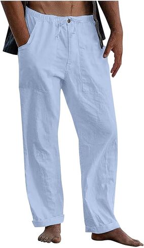 Men's Linen Pants Casual Lightweight Cotton Beach Pants Drawstrintg Elastic Waist Summer Resort Wear Travel Pants in Kuwait