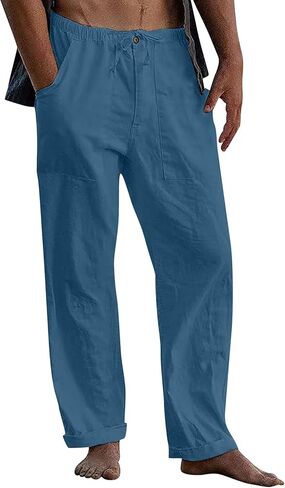 Men's Linen Pants Casual Lightweight Cotton Beach Pants Drawstrintg Elastic Waist Summer Resort Wear Travel Pants in Kuwait