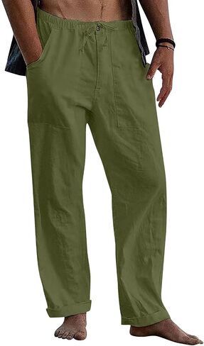 Men's Linen Pants Casual Lightweight Cotton Beach Pants Drawstrintg Elastic Waist Summer Resort Wear Travel Pants in Kuwait