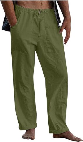 Men's Linen Pants Casual Lightweight Cotton Beach Pants Drawstrintg Elastic Waist Summer Resort Wear Travel Pants in Kuwait