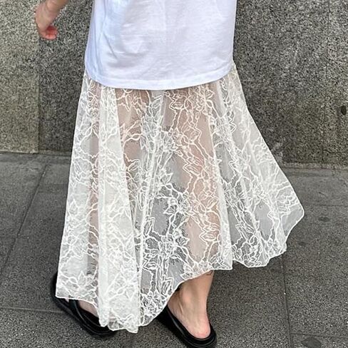 Women Fairy Lace Maxi Skirt Y2K Vintage Sheer Mesh Lace Floral Bodycon Long Skirt Sexy See-Through Half Slip Skirts in Saudi Arabia