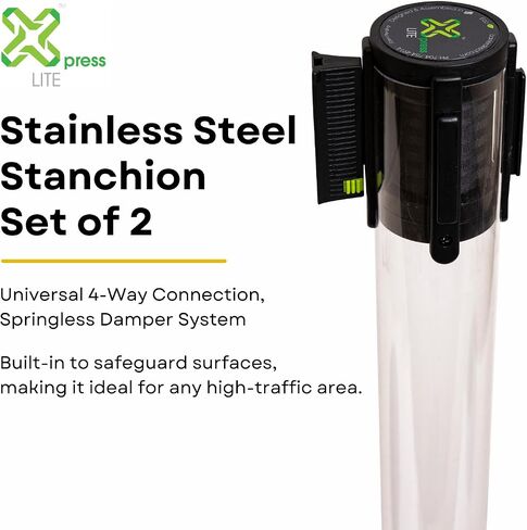 Xpress LITE Stainless Steel Stanchion Set of 2 – 40" High, 11’ Premium Polyester Belt, Universal 4-Way Connection, Springless Damper System, (Polished Stainless Steel Post, Black Webbing) in Kuwait