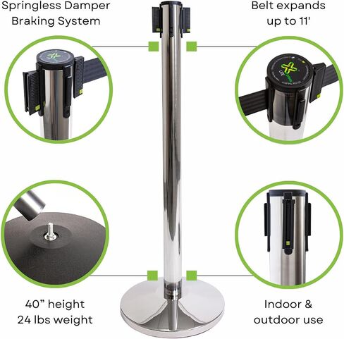 Xpress LITE Stainless Steel Stanchion Set of 2 – 40" High, 11’ Premium Polyester Belt, Universal 4-Way Connection, Springless Damper System, (Polished Stainless Steel Post, Black Webbing) in Kuwait