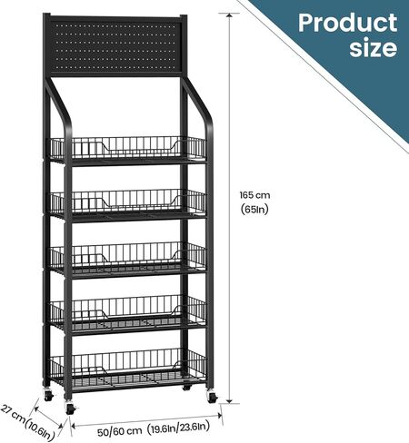 65 "5 طبقة معروضة رف شاشة مع السنانير والعجلات ، رف عرض المعادن للبيع بالتجزئة للرقائق ، الوجبات الخفيفة ، الحلوى ، رف الوجبات المعدنية للمتجر للمتجر للمتجر (60 سم أسود) in Kuwait
