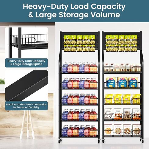 65 "5 طبقة معروضة رف شاشة مع السنانير والعجلات ، رف عرض المعادن للبيع بالتجزئة للرقائق ، الوجبات الخفيفة ، الحلوى ، رف الوجبات المعدنية للمتجر للمتجر للمتجر (60 سم أسود) in Kuwait