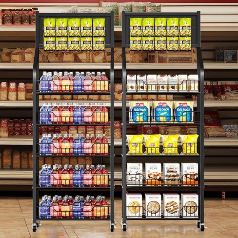 65 "5 طبقة معروضة رف شاشة مع السنانير والعجلات ، رف عرض المعادن للبيع بالتجزئة للرقائق ، الوجبات الخفيفة ، الحلوى ، رف الوجبات المعدنية للمتجر للمتجر للمتجر (60 سم أسود) in Kuwait