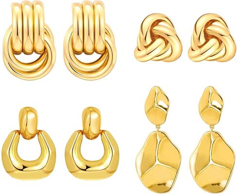4 Pairs 14K Gold Plated Dangle Earrings for Women Knot Teardrop Chunky Gold Statement Drop Earrings for Women Trendy Jewelry Gifts in Kuwait