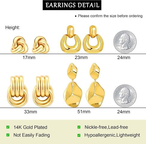 4 Pairs 14K Gold Plated Dangle Earrings for Women Knot Teardrop Chunky Gold Statement Drop Earrings for Women Trendy Jewelry Gifts in Kuwait