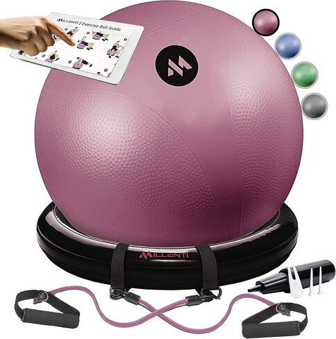 Millenti Exercise Ball Chair 65cm - Yoga Ball Chair Stability Base Ring Kit & Fitness Resistance Bands For Home, Gym Bundle, Pilates Ball, Office Chair, Birthing Ball For Pregnancy - With Workout Chart in Saudi Arabia