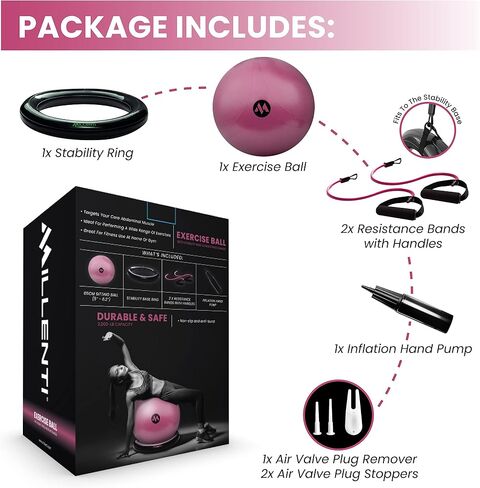 Millenti Exercise Ball Chair 65cm - Yoga Ball Chair Stability Base Ring Kit & Fitness Resistance Bands For Home, Gym Bundle, Pilates Ball, Office Chair, Birthing Ball For Pregnancy - With Workout Chart in Saudi Arabia