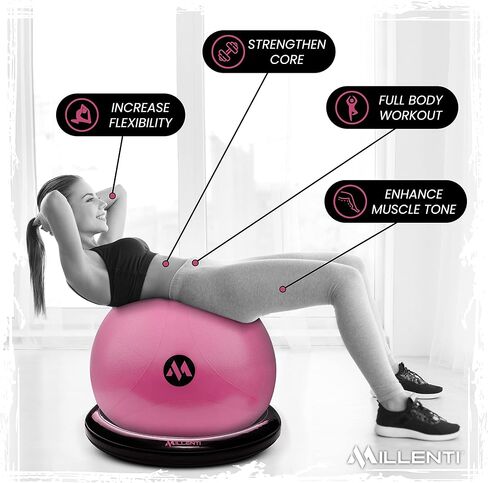 Millenti Exercise Ball Chair 65cm - Yoga Ball Chair Stability Base Ring Kit & Fitness Resistance Bands For Home, Gym Bundle, Pilates Ball, Office Chair, Birthing Ball For Pregnancy - With Workout Chart in Saudi Arabia