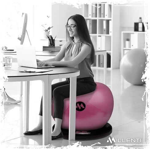 Millenti Exercise Ball Chair 65cm - Yoga Ball Chair Stability Base Ring Kit & Fitness Resistance Bands For Home, Gym Bundle, Pilates Ball, Office Chair, Birthing Ball For Pregnancy - With Workout Chart in Saudi Arabia