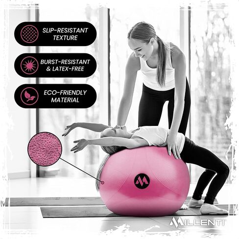 Millenti Exercise Ball Chair 65cm - Yoga Ball Chair Stability Base Ring Kit & Fitness Resistance Bands For Home, Gym Bundle, Pilates Ball, Office Chair, Birthing Ball For Pregnancy - With Workout Chart in Saudi Arabia