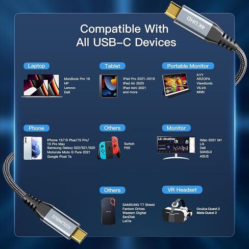 USB C Cable 3ft, USB C 3.2 Gen 2X2 Cable, 4K Monitor Video Output, 20Gbps High Speed Data Transfer, 100W Fast Charging, for Car Carplay iPhone 16, MacBook, Dell, LG, ARZOPA, KYY, for Portable Monitor in Kuwait