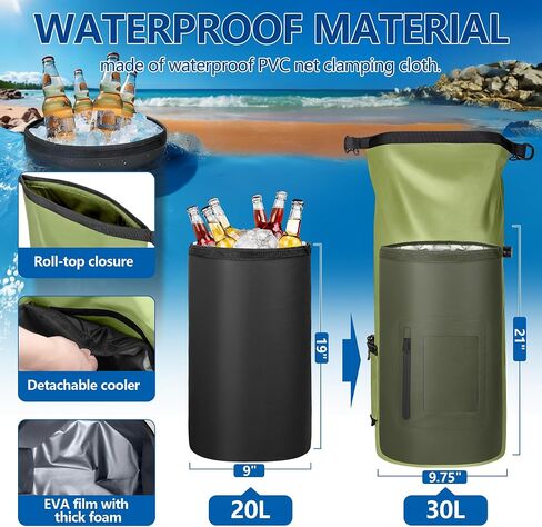 30L Waterproof Dry Bag with 20L Detachable Cooler, Dry Bag Cooler Backpack with Phone Pocket and Bottle Pouch, Suitable for Kayaking, Boating, Camping and Water Activities in Kuwait