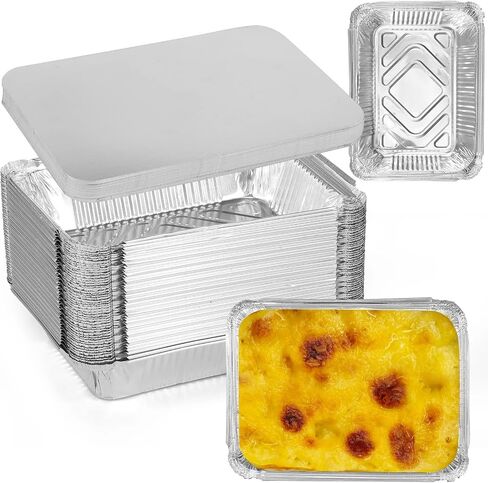 Aluminium Foil Baking Trays 50pcs Aluminum Foil Pans with Lids Thickened Food Container BBQ Tray Boxes Kitchen Baking Tool for Cooking Baking in Kuwait