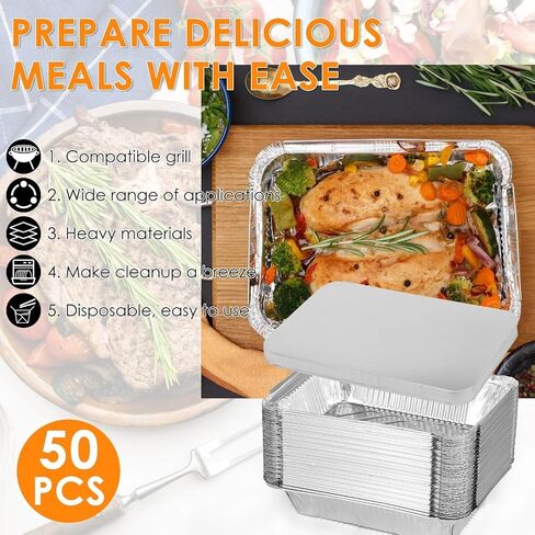 Aluminium Foil Baking Trays 50pcs Aluminum Foil Pans with Lids Thickened Food Container BBQ Tray Boxes Kitchen Baking Tool for Cooking Baking in Kuwait