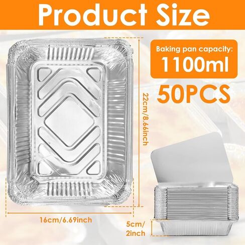 Aluminium Foil Baking Trays 50pcs Aluminum Foil Pans with Lids Thickened Food Container BBQ Tray Boxes Kitchen Baking Tool for Cooking Baking in Kuwait