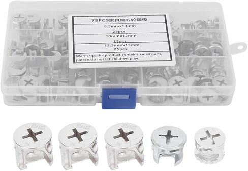 Cam Nut for Furniture, 3-in-1 Connector with Wheels, 75 Piece Set, for Cabinet Mounting, Office Furniture, Storage Box, 9.5 X 13mm / 10 X 12mm / 13.5 X 15mm in Saudi Arabia