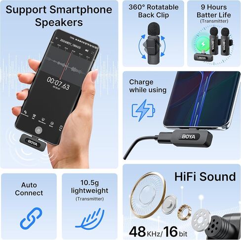 BOYA BY-V20 Wireless Microphones for iPhone 15/16 Series, Android/Laptop with USB-C Port, 328ft Range, 9H Battery Life, Noise Reduction Mini Mic Clip on Lapel Microphone Wireless for Video Recroding in Saudi Arabia