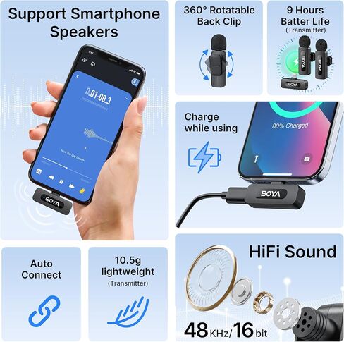 BOYA BY-V20 Wireless Microphones for iPhone 15/16 Series, Android/Laptop with USB-C Port, 328ft Range, 9H Battery Life, Noise Reduction Mini Mic Clip on Lapel Microphone Wireless for Video Recroding in Saudi Arabia