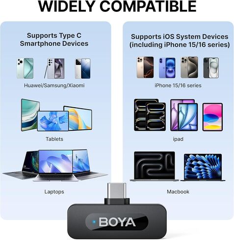 BOYA BY-V20 Wireless Microphones for iPhone 15/16 Series, Android/Laptop with USB-C Port, 328ft Range, 9H Battery Life, Noise Reduction Mini Mic Clip on Lapel Microphone Wireless for Video Recroding in Saudi Arabia