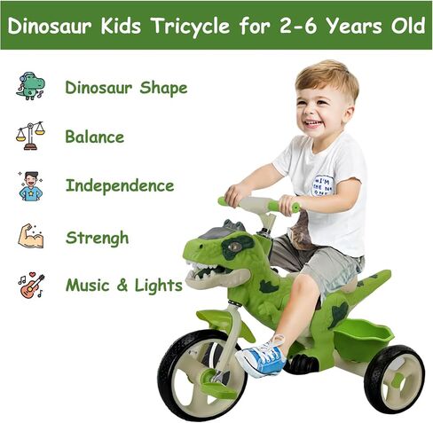 Dinosaur Kids Tricycle for Age 2+, Toddler Tricycle Bike Big Wheel with Storage Basket, Music and Light, Outdoor Preschool Daycare Kids Bike, Gift and Toy for Boys and Girls in Saudi Arabia