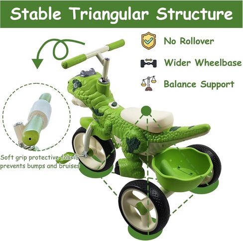 Dinosaur Kids Tricycle for Age 2+, Toddler Tricycle Bike Big Wheel with Storage Basket, Music and Light, Outdoor Preschool Daycare Kids Bike, Gift and Toy for Boys and Girls in Saudi Arabia