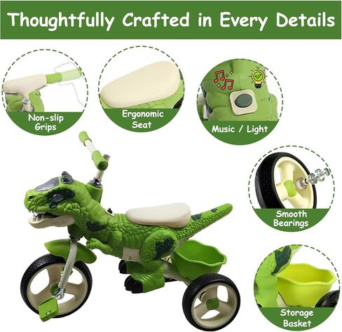 Dinosaur Kids Tricycle for Age 2+, Toddler Tricycle Bike Big Wheel with Storage Basket, Music and Light, Outdoor Preschool Daycare Kids Bike, Gift and Toy for Boys and Girls in Saudi Arabia