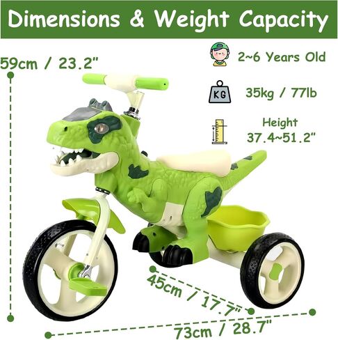 Dinosaur Kids Tricycle for Age 2+, Toddler Tricycle Bike Big Wheel with Storage Basket, Music and Light, Outdoor Preschool Daycare Kids Bike, Gift and Toy for Boys and Girls in Saudi Arabia